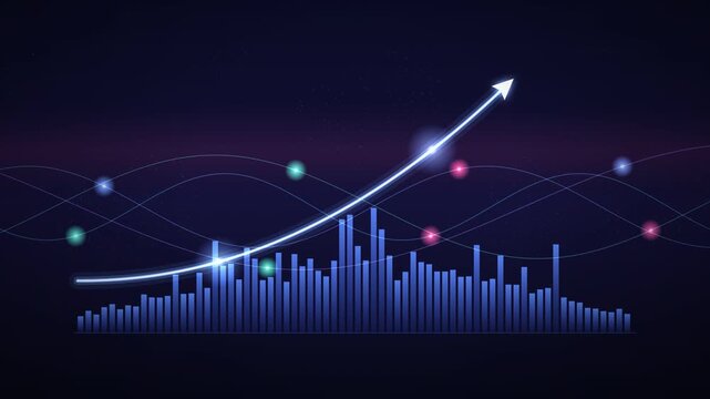 Business growth arrow rising over financial charts for profit increase ,investment success ,economic progress ,and market development animation