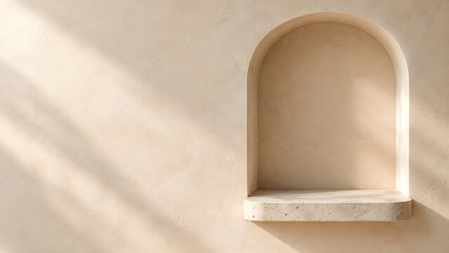 Empty arched wall niche with a pale stone display ledge, warm beige textured plaster and soft sunlit shadows, positioned on the right with generous left copy space for skincare product advertising