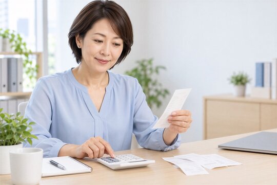 領収書と電卓で経費を確認する日本人女性社員
