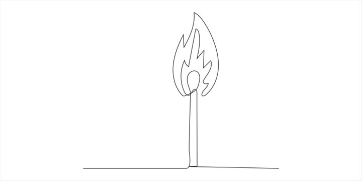 One single line drawing of a burning matchstick with fire flame on top representing light energy heat power and bright idea concept in minimal style