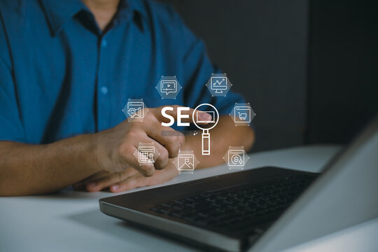 Business professional using SEO tools on laptop, showing search optimization, website analytics, ranking growth, content strategy, ecommerce performance, keyword research, and marketing workflow.