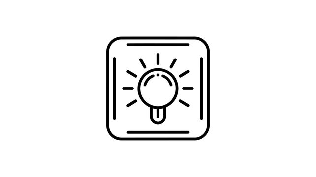 Illuminated light bulb icon inside square frame with rays of light depicting bright ideas and electrical power functionality in professional minimalist line art.