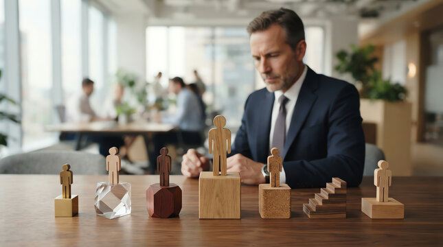 Man contemplates wooden human figurines arranged on a tiered display