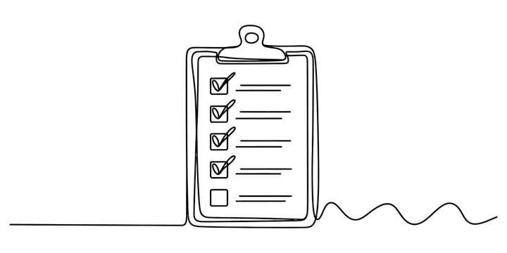 Continuous single line drawing of a clipboard with a checklist isolated on transparent background