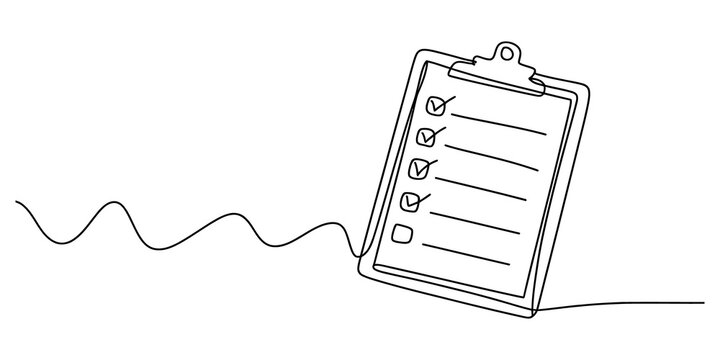Continuous one line drawing of a clipboard with a checklist isolated on transparent background