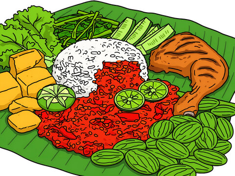 Top view cartoon illustration of Indonesian complete meal nasi ayam goreng on green banana leaf daun pisang. White steamed rice nasi putih with large red sambal terasi, fried chicken drumstick ayam go