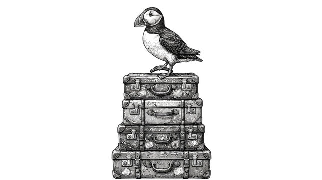 Puffin balances on a vintage luggage stack suggesting a metaphor for the nomadic spirit and the weight of past journeys.