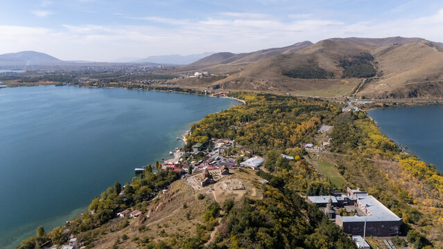 Sevan Lake and Sevanavank oldest church. Mountains country Armenia. Aerial view from above by drone. Stock Photo
