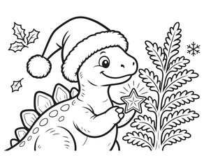 Cute cartoon dinosaur with christmas hat coloring page for kids. © Infinite Lines