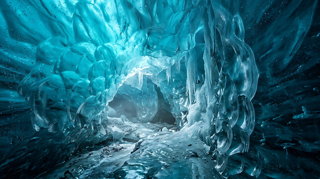 Luminous glacial ice cave interior with frozen walls and icicles