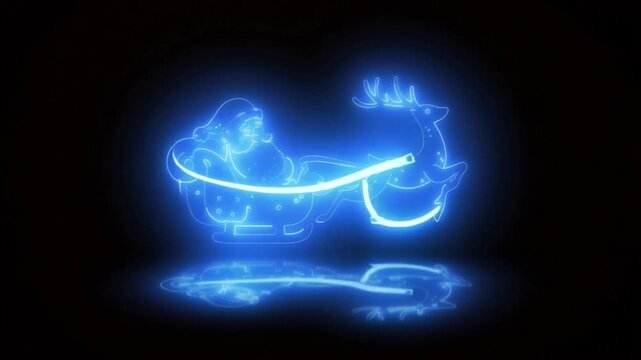 Glowing blue neon Santa Claus driving sleigh with reindeer and dynamic light stream on dark reflective background (AI Generated)