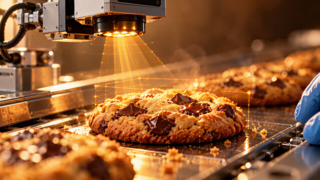 AI food quality inspection. smart machine vision factory scanning chocolate chip cookie on conveyor belt with gloved hand nearby