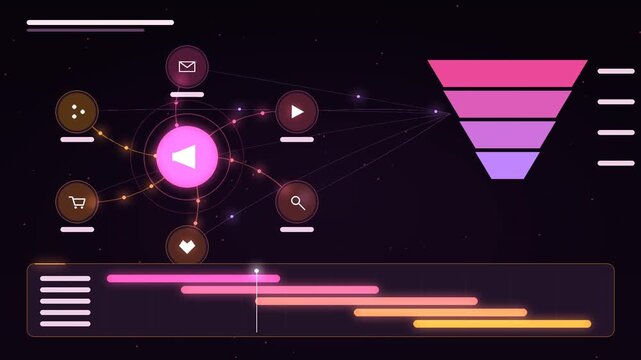 Marketing campaign motion graphics, megaphone hub sending leads to email, video, search, social and shopping channels flowing into a sales funnel, campaign timeline, omnichannel strategy, text free te