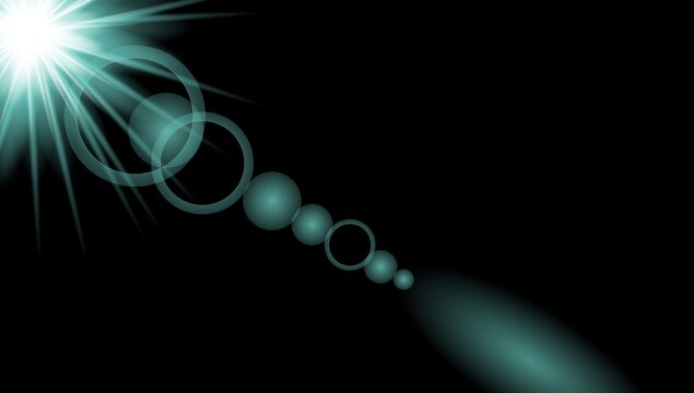 Cyan Lens Flare Light Effect with Bokeh Circles, Bright Sunburst Glow on Black Background Vector