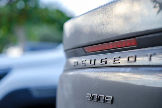 Peugeot 3008 SUV rear emblem and model lettering badge illustrating French automotive manufacturing, modern crossover styling and urban mobility