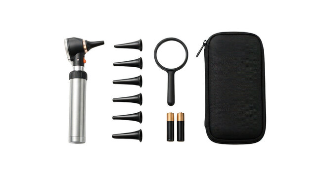 Medical otoscope set with ear tips and carry case isolated on transparent background