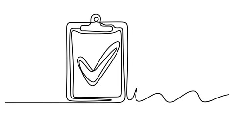 Clipboard with a check mark drawn in one continuous line style Vector, illustration © Vabna