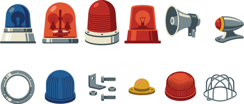 Emergency siren and warning light vector icon set featuring police flasher beacons, megaphones, and industrial alarm hardware
