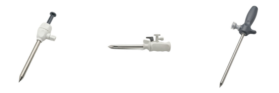 Sets of laparoscopic trocar instruments isolated on transparent background PNG, endoscopic cannula ports for minimally invasive surgery tools

