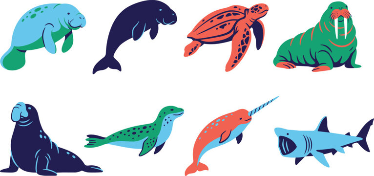Marine animals and sea life vector illustration set featuring shark manatee narwhal turtle and seal icons
