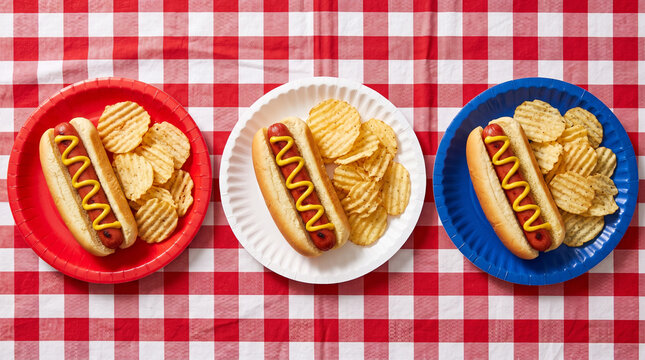 Three hot dogs with chips served on colorful paper plates for casual