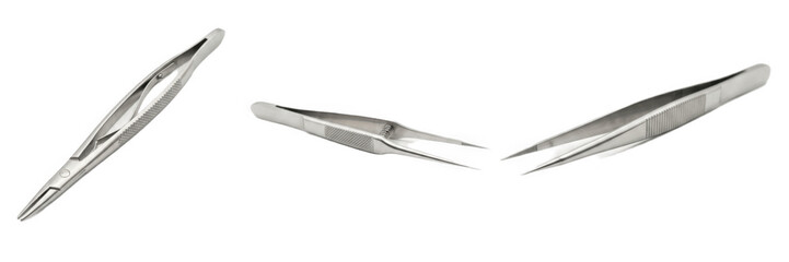 Sets of stainless steel medical forceps isolated on transparent background PNG, surgical tweezers and precision instruments for operation   © Robert