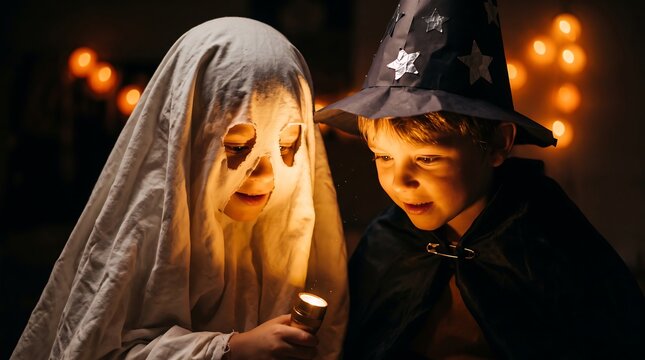Children in Halloween Costumes Telling Spooky Stories with Flashlight in the Dark
