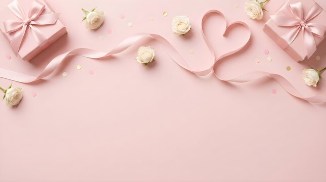 Romantic Pink Satin Ribbon Heart Background with White Roses and Gifts