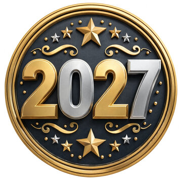 Gold and silver 2027 luxury emblem with stars and decorative flourishes transparent background