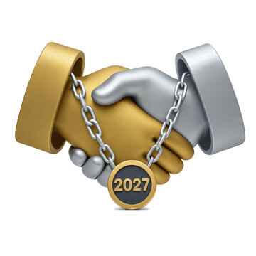 Gold and silver stylized handshake icon with 2027 year tag hanging from a metal chain transparent background