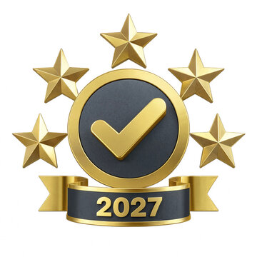 Gold check mark badge with five stars and twentytwentyseven year label transparent background