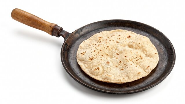 Freshly baked Indian flatbread cooked on traditional cast iron tawa pan isolated on white background