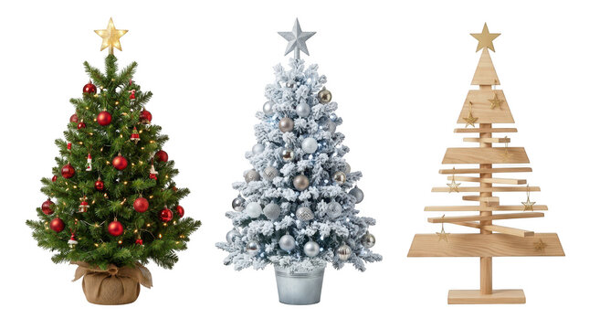 A collection of three distinct small Christmas trees with ornaments, isolated on transparent background. Ideal for holiday marketing collateral and digital greeting card templates.