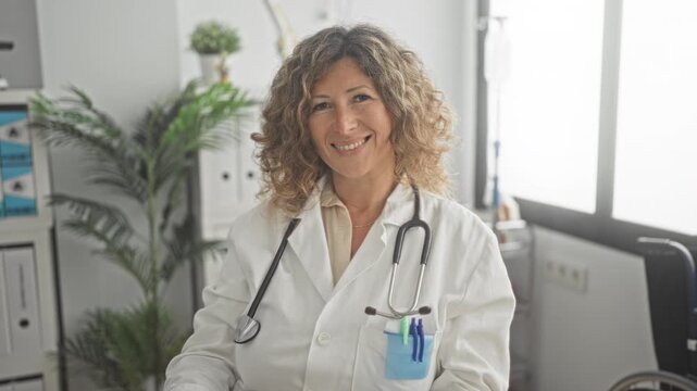 Woman doctor in white coat with stethoscope smiling at camera while seated in an office building, pen in pocket visible; compassion.