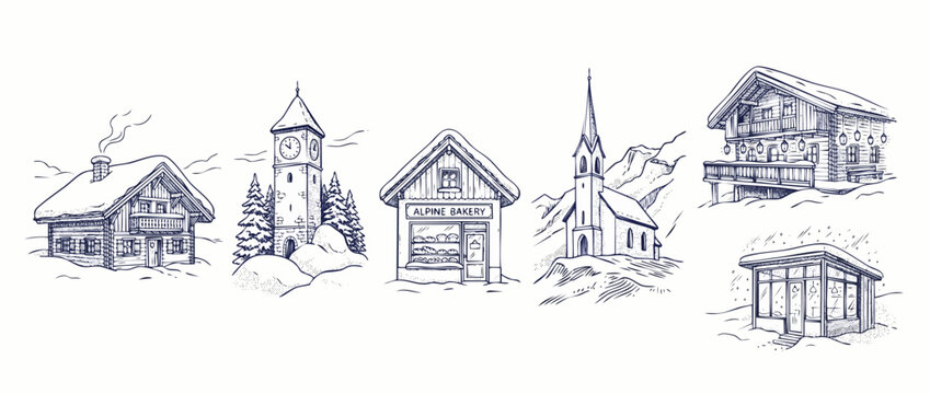 Winter village line art illustration of snow covered alpine buildings including wooden chalet, mountain church, rustic bakery, and clock tower in a minimalist retro sketch style for holiday design.
