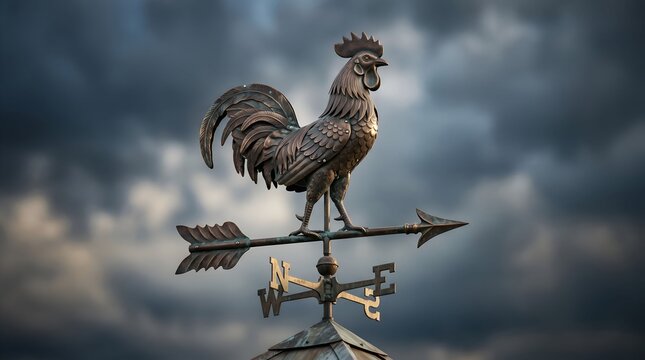 Vintage Bronze Rooster Weather Vane Indicating Direction Against Dramatic Stormy Sky