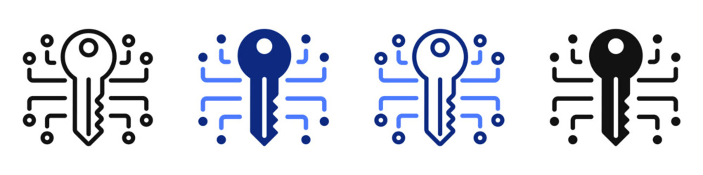 Vector icon or logo of encryption key related to cybersecurity, network privacy, user verification and authentication. Symbols for website or app UI, logo design, illustration