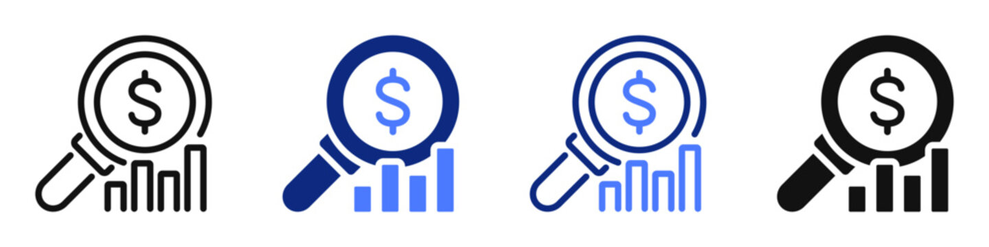 Vector icon or logo of magnifying glass with graph related to business and finance, accounting, audit, data statistics and analytics. Symbols for website or app UI, logo design, illustration