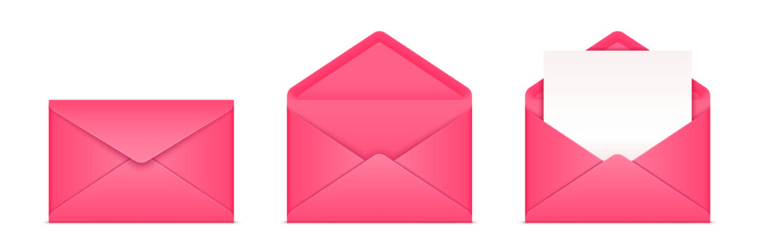 Vector illustration of pink love letters related to Valentine's Day, mailing and messaging, greeting and invitation. Realistic mockup or template, isolated on white background