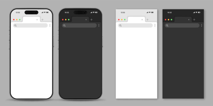 Vector illustration of mobile phone with empty web browser tab on screen in light and dark theme. Realistic mockup or template, isolated on white background