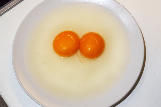 Twin Egg Yolks. One cracked open raw egg with two yellow yolks, on a white plate on a wooden table.