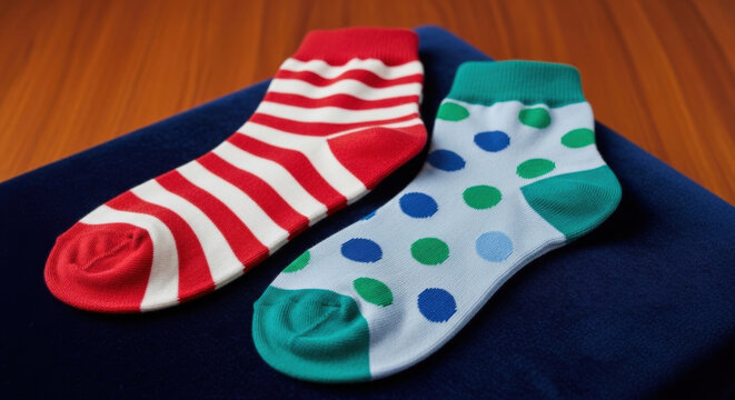 Pair of colorful mismatched cotton socks lying on dark blue velvet cushion displaying bright red stripes and blue green polka dot patterns.