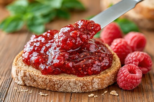 Raspberry jam spread on crispy toast with fresh berries on wood table
