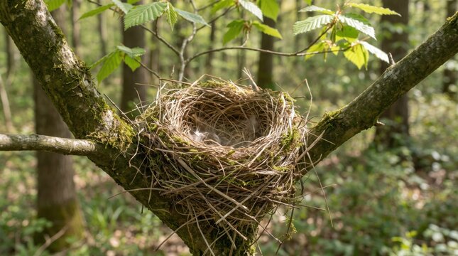 An empty woven bird nest resting among spring twigs
