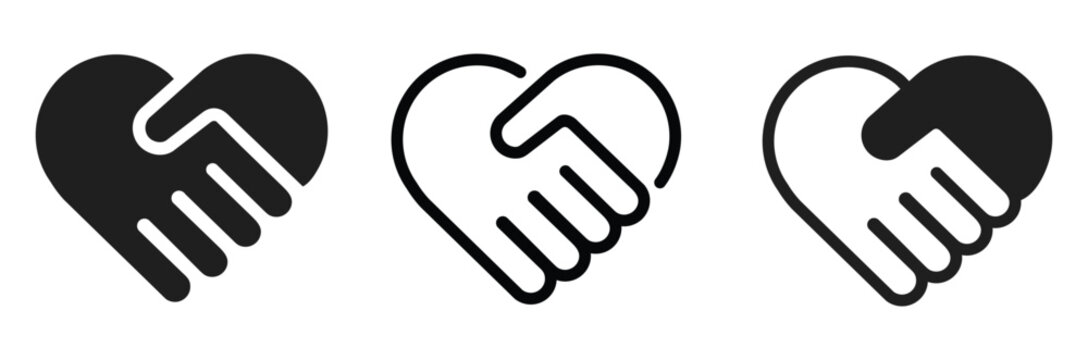 Teamwork handshake icon set, joined hands for charity, collaboration, partnership and relationship concepts. Vector illustration