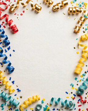 Colorful paper streamers and confetti frame on white background