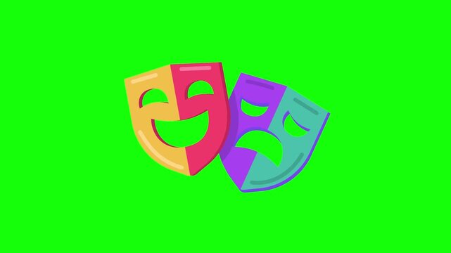 Comedy and tragedy theatre masks representing joy and sorrow on a vibrant green screen background