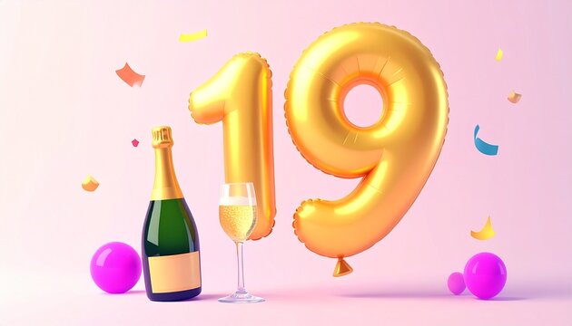 Birthday and Anniversary Celebration with Champagne and Gold Number 19 Balloon