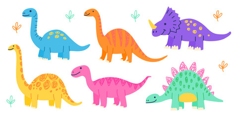 Cute cartoon dinosaurs set in bright colors.Friendly prehistoric animal characters for children © Anastasiia