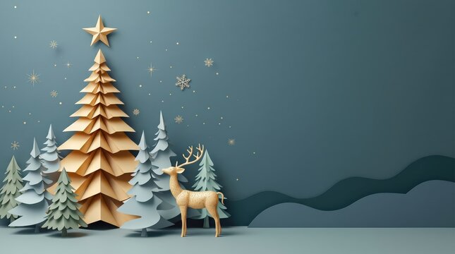Christmas Greeting Card Featuring Deer in a Snowy Forest Landscape with Intricate Paper Cut Quilling Details